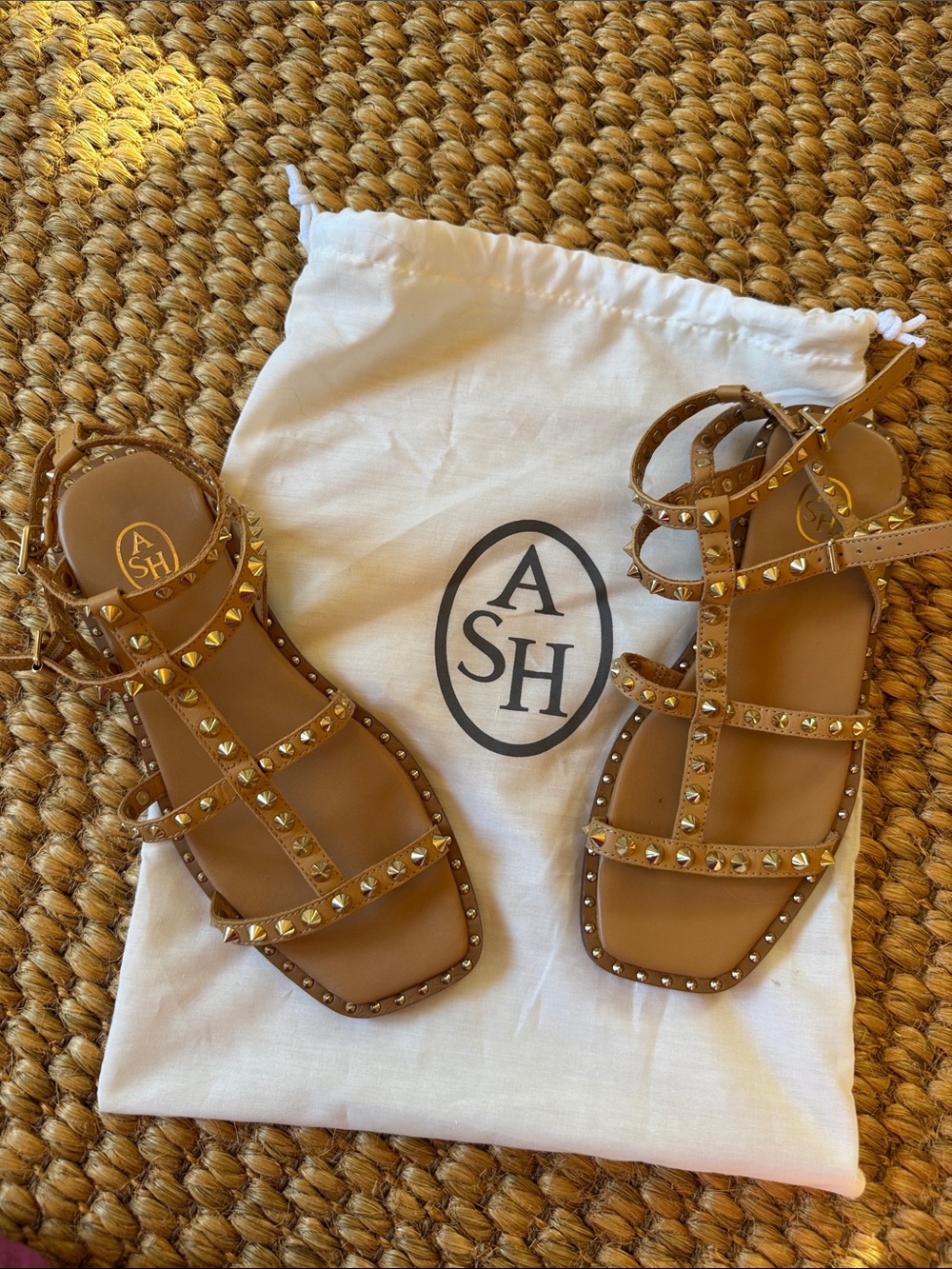 ASH Tan Leather Studded Gladiator Sandals